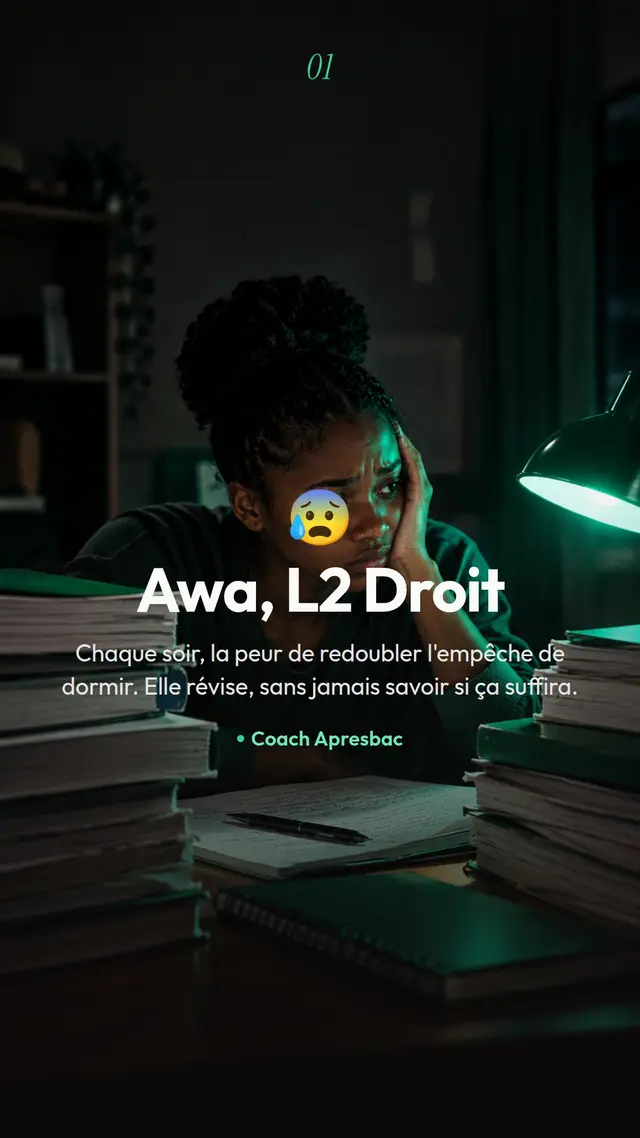 Carte : le doute, une étudiante révise tard, inquiète pour son année