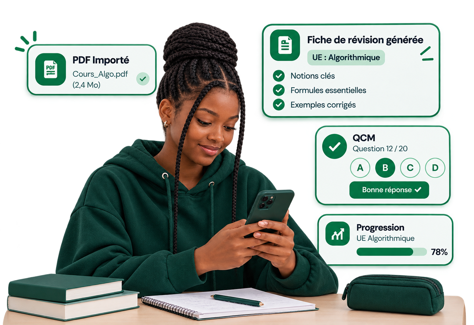 Étudiante concentrée devant son interface de révision